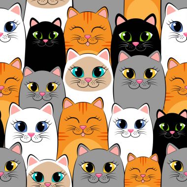  Kedi ile Seamless modeli. Arka plan gri, beyaz, blac, zencefil ve Siyam kedi ile