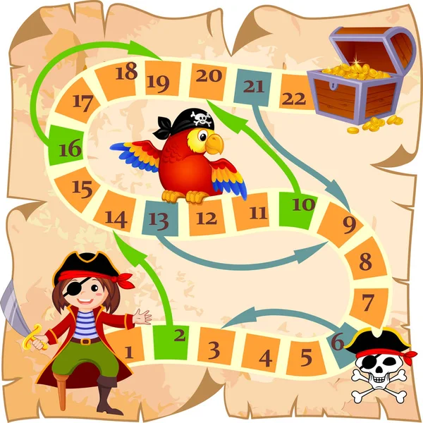 Desková hra s pirát, papoušek, jolly roger a truhla s pokladem — Stockový vektor