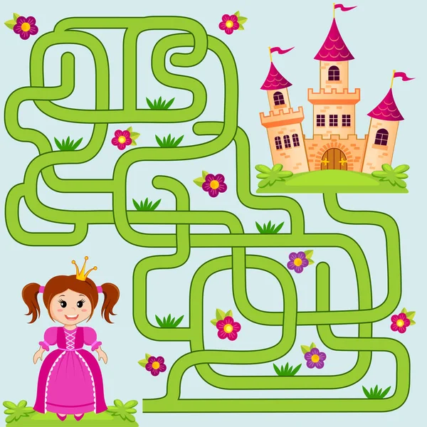 Ayuda pequeña princesa linda encontrar el camino al castillo. Laberinto. Laberinto juego para niños — Vector de stock