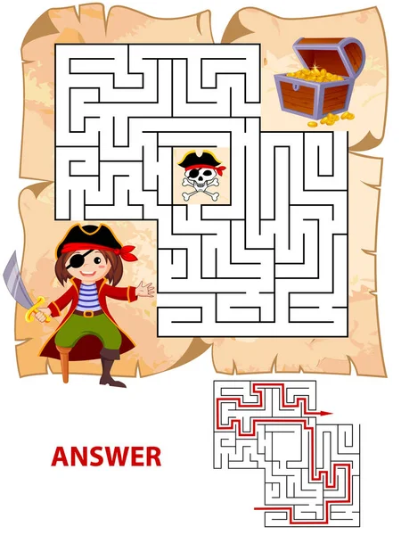 Help pirate find path to treasure chest . Labyrinth. Maze game for kids — Stock Vector
