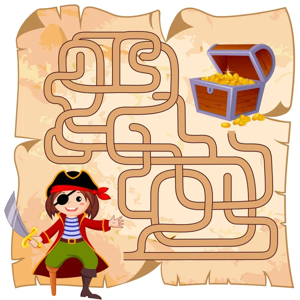 Ajuda pirata encontrar caminho para o baú do tesouro. Labirinto. Jogo de labirinto para crianças —  Vetores de Stock