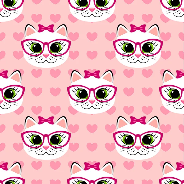 Patrón sin costuras con lindo gato de dibujos animados y corazón sobre fondo rosa. Kitty print — Vector de stock