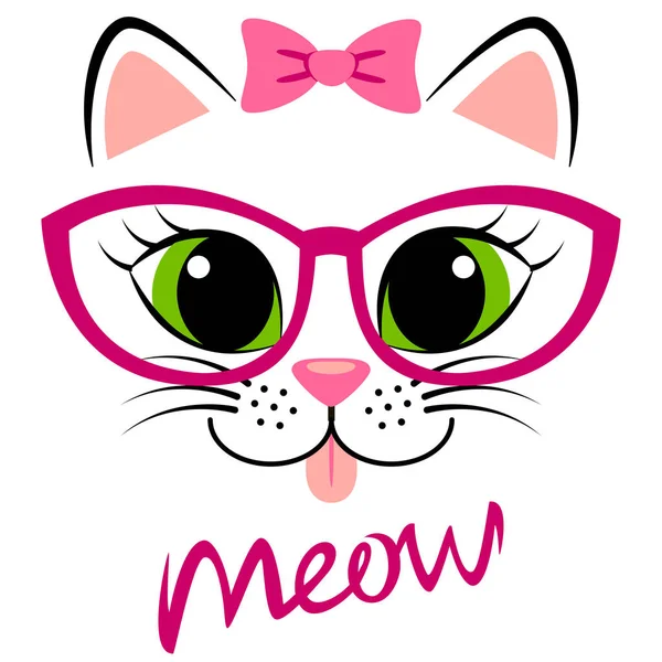 Cute white kitten with pink bow and glasses. Girlish print with kitty for t-shirt — Stock Vector