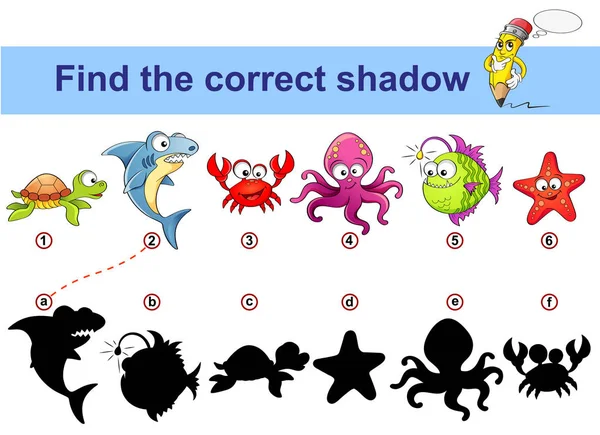 Finde den richtigen Schatten. Kinder-Lernspiel. Meerestiere — Stockvektor