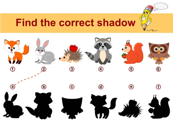 Find correct shadow. Kids educational game. Forest animals — Stock Vector