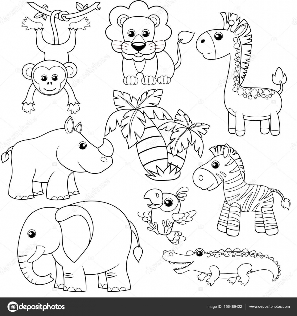 Jungle dieren. Leeuw, olifant, giraffe, aap, papegaai, krokodil, zebra