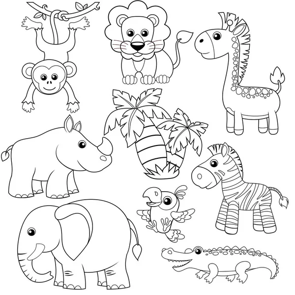 Des animaux de la jungle. Lion, éléphant, girafe, singe, perroquet, crocodile, zèbre et rhinocéros — Image vectorielle