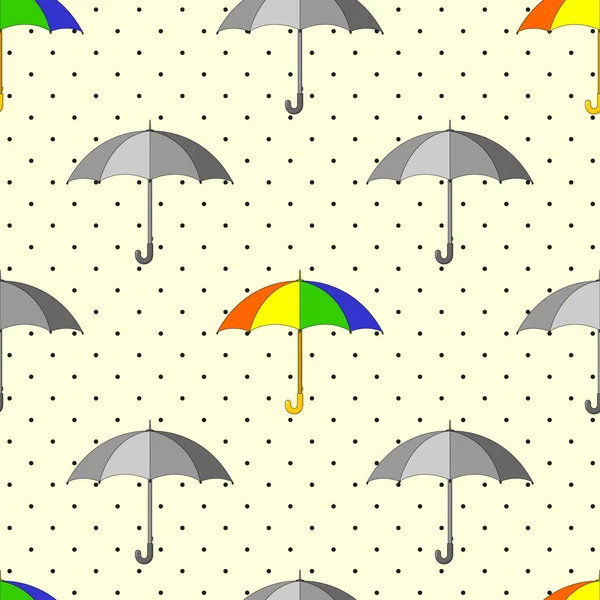 Seamless pattern with grey and colorful umbrellas and raindrops — Stock Vector