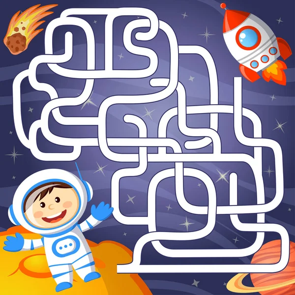 Segíts az űrhajósnak megtalálni a rakétához vezető utat. Labirintus. Maze játék gyerekeknek — Stock Vector