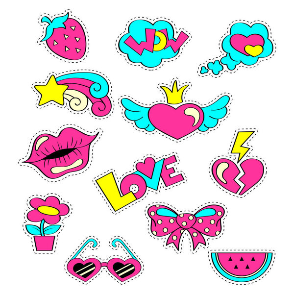 Fashion girlish patch badges with hearts, lips, strawberry, watermelon, sunglasses, star, bow, flower. Stickers in cartoon 80s-90s comic style