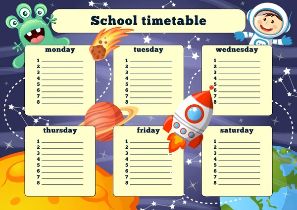 School timetable with space elements — Stock Vector