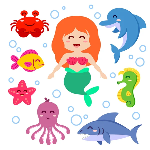 Hableány és tengeri állatok. Hal, tengeri csillag, polip, csikóhal, cápa, delfin, rák — Stock Vector