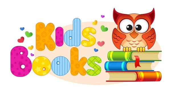 Libri per bambini. Bandiera con gufo su un mucchio di libri — Vettoriale Stock