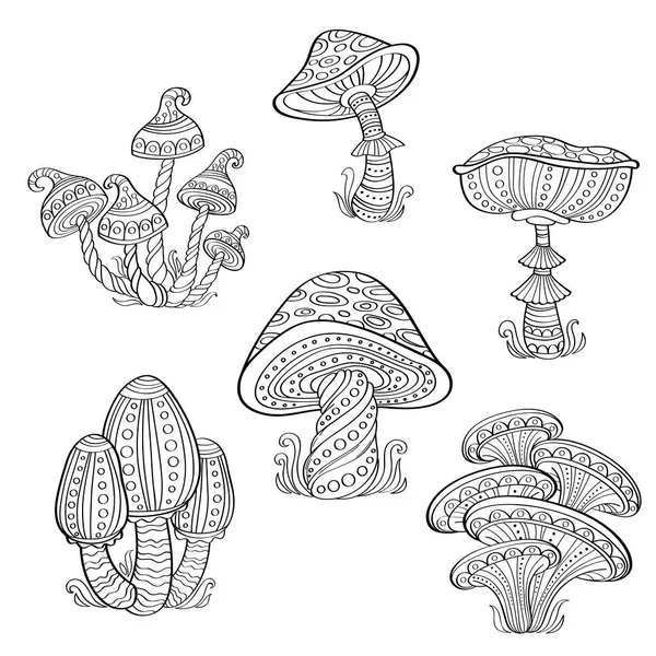 양식된 장식 버섯의 집합입니다. 라인 아트 컬렉션입니다. 문신입니다. 색칠 하기 책 — 스톡 벡터