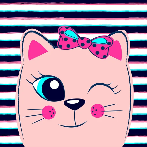 Leuk roze katje met roze strik op gestreepte achtergrond. Meisjesachtig afdrukken met kitty voor t-shirt — Stockvector
