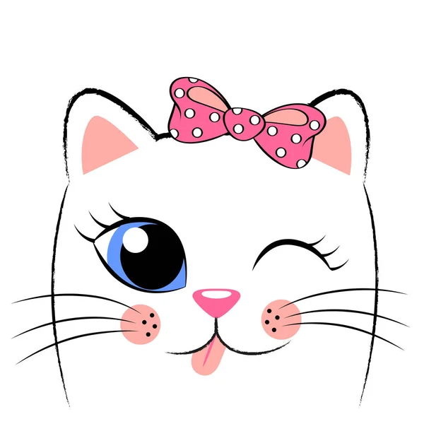 Lindo gatito blanco con lazo rosa. Estampado femenino con gatito para camiseta — Archivo Imágenes Vectoriales