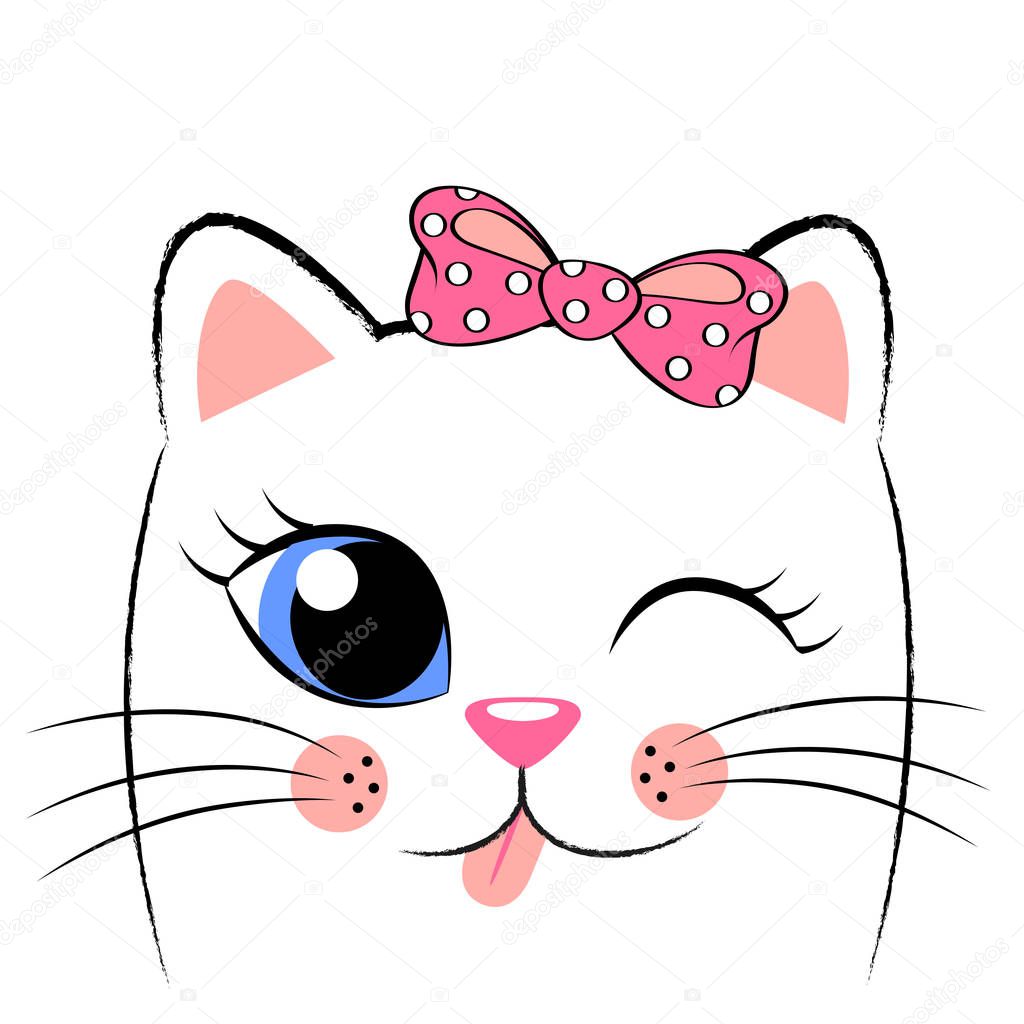 Cute white kitten with pink bow. Girlish print with kitty for t-shirt