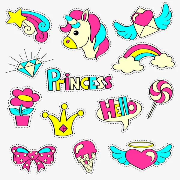 Emblemas de remendo feminino com princesa, unicórnio, arco-íris, diamante, coroa, pirulito, corações, estrela, arco, flor. Adesivos prontos. Tema do conto de fadas — Vetor de Stock