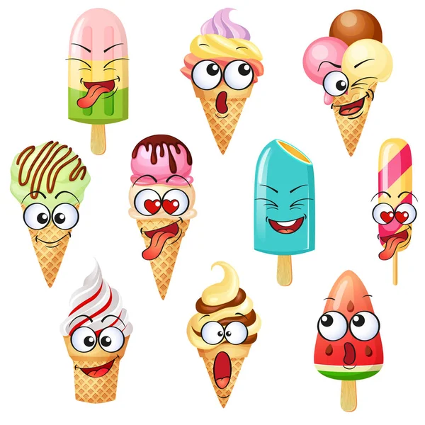 Lody postaci z kreskówek. Ice cream emotikony — Wektor stockowy