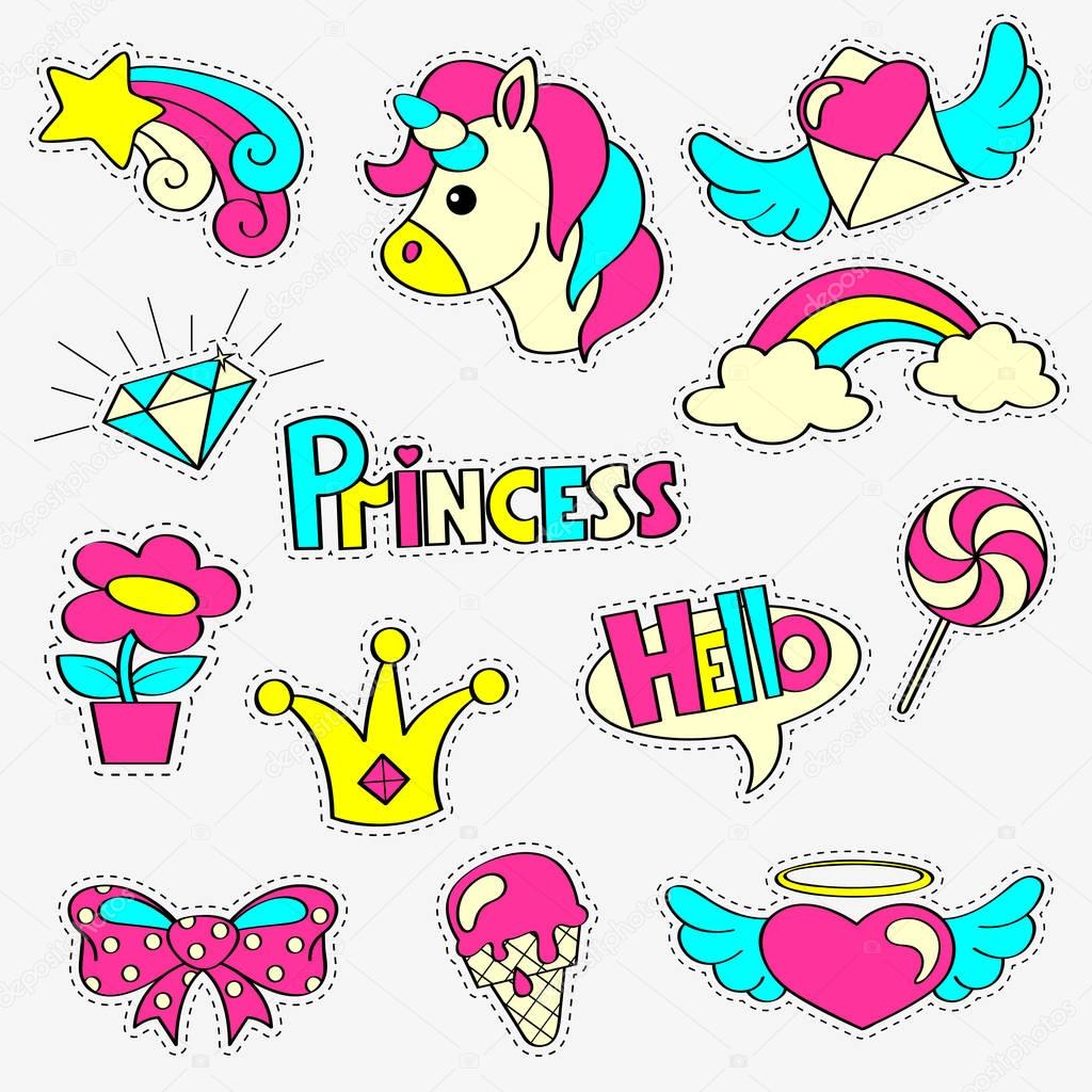 Girlish patch badges with princess, unicorn, rainbow, diamond, crown, lollipop, hearts, star, bow, flower. Stickers set. Fairytale theme