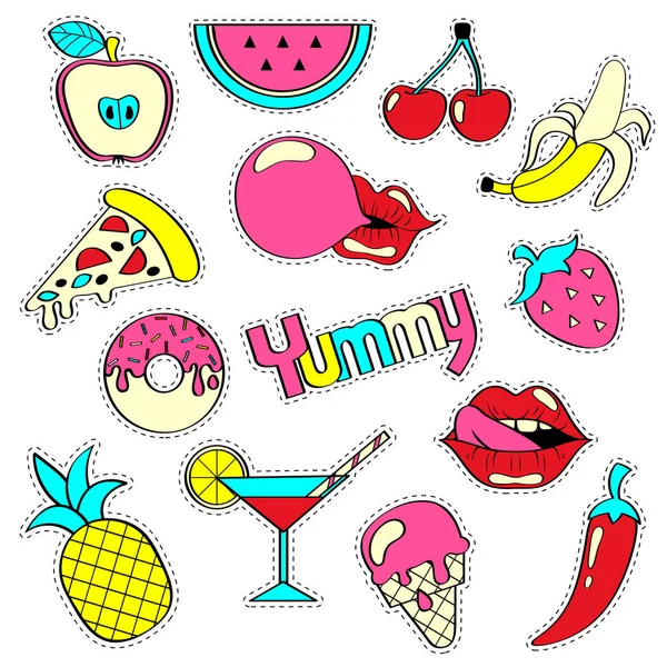 Emblemas de remendo feminino com banana, morango, melancia, sorvete, coquetel, abacaxi, chiclete, lábios, pizza, cereja. Adesivos prontos. Coleção gostosa —  Vetores de Stock