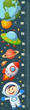 Stadiometer. Height measure. Meter wall with astronaut, spaceship, saturn, UFO, Earth, moon and stars clipart