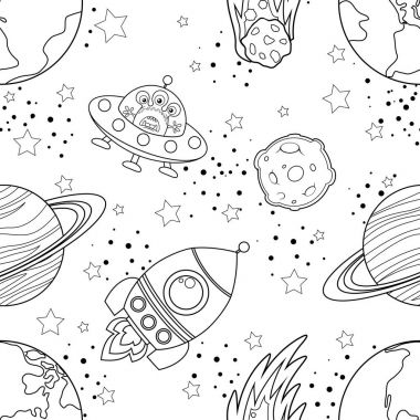 Gezegenler, Ufo, çocukça sorunsuz alanı desenle roketler ve yıldız