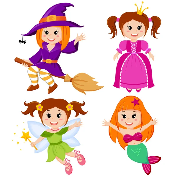 Conjunto de chicas lindo cuento de hadas. Bruja de Halloween, sirena, princesa y hada — Vector de stock