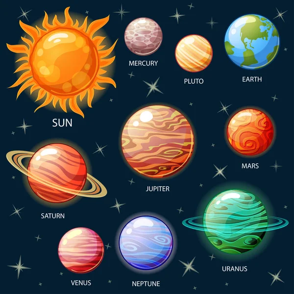 Vzor bezešvé prostor s slunce, Merkur, Venuše, země, Mars, Jupiter, Saturn, uran, Neptun, Pluto, kosmická loď, asteroid a hvězdy — Stockový vektor