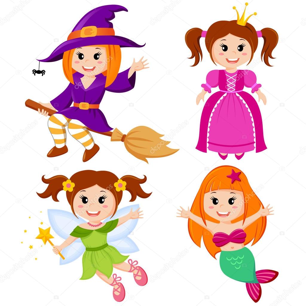  Set of cute fairytale girls. Halloween witch, mermaid, princess and fairy