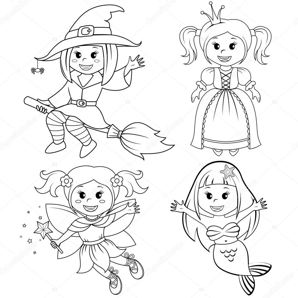 Set of cute fairytale girls. Halloween witch, mermaid, princess and fairy