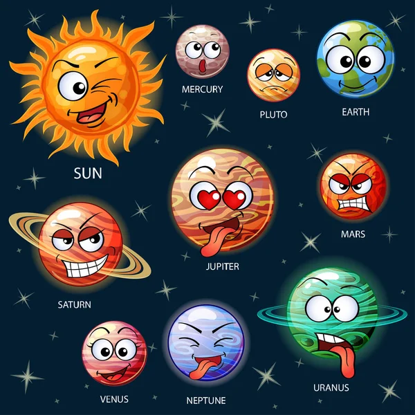 Planètes de dessin animé mignon du système solaire. Soleil, Mercure, Vénus, Terre, Mars, Jupiter, Saturne, Uranus, Neptune, Pluton — Image vectorielle