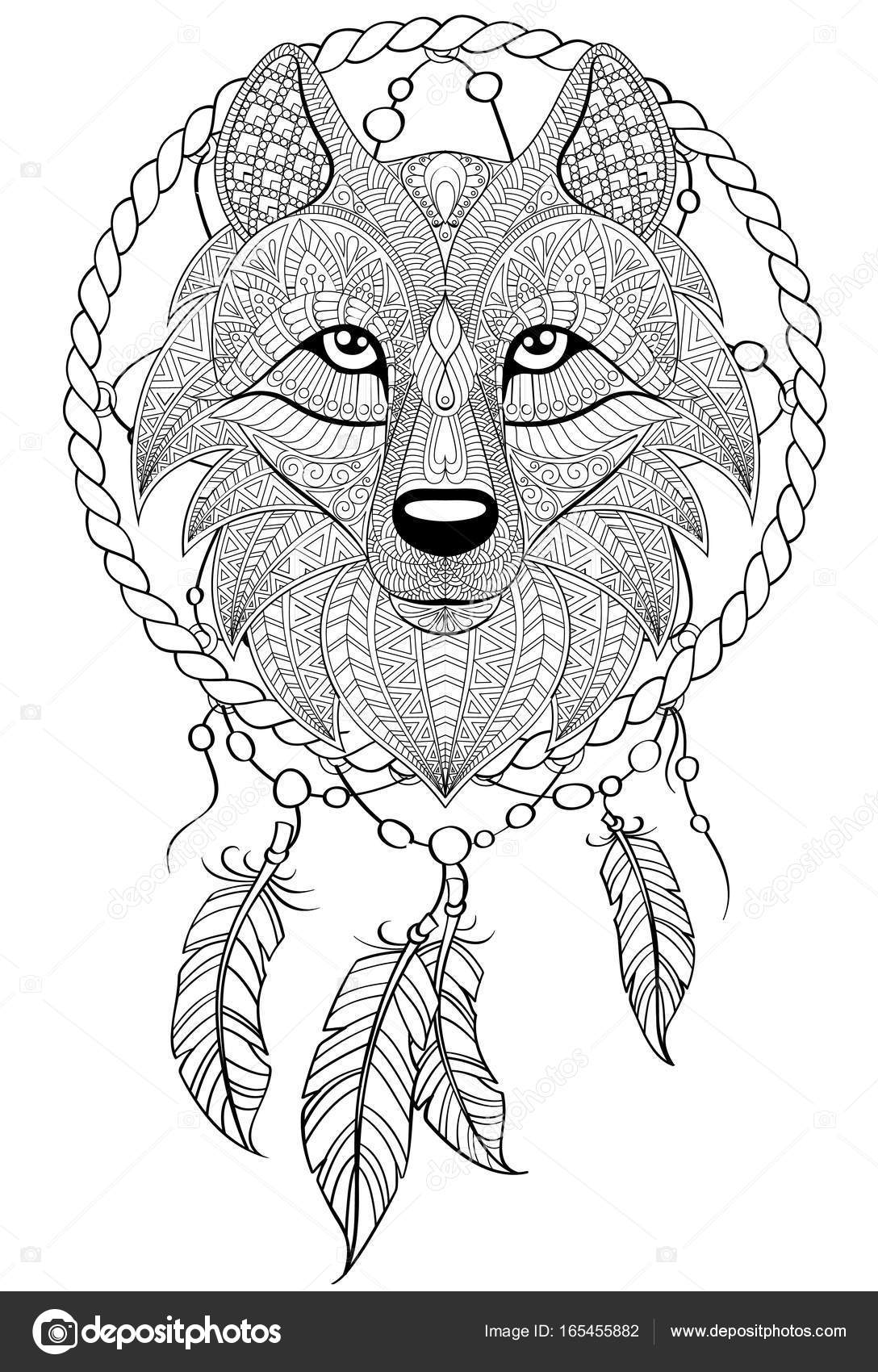 Dream catcher with wolf Tattoo or adult antistress coloring page Black and white hand