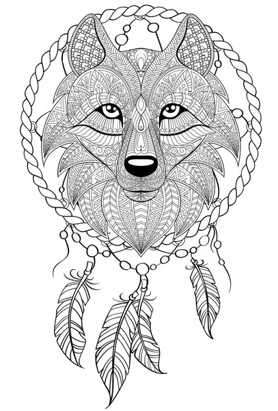 Dream catcher with wolf. Tattoo or adult antistress coloring page. Black and white hand drawn doodle for coloring book Stock Illustration