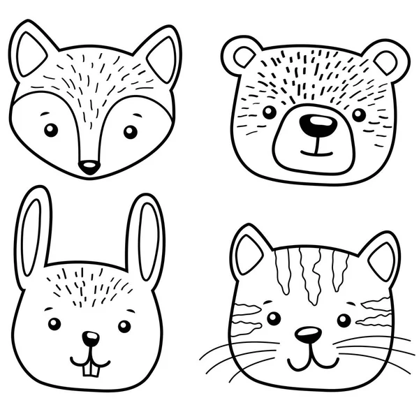 Lindos animales de dibujos animados. Gato, oso, zorro y conejo. Conjunto dibujado a mano — Vector de stock