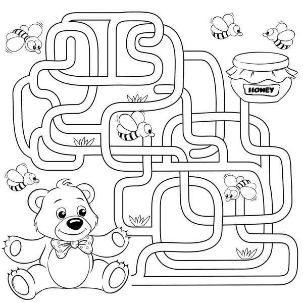 Help bear find path to honey. Labyrinth. Maze game for kids. Black and white vector illustration for coloring book — Stock Vector