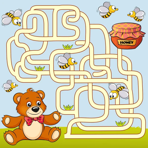 Help bear find path to honey. Labyrinth. Maze game for kids — Stock Vector