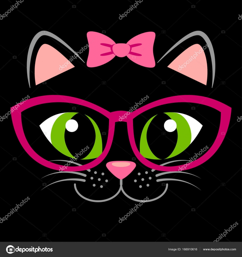 cute black kitten with pink bow and glasses girlish print with