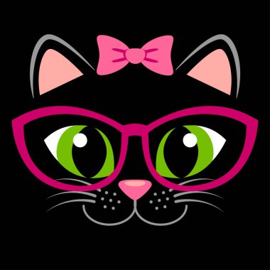 Pembe fiyonk ve gözlük ile sevimli siyah yavru kedi. Kitty ile kız gibi Yazdır t-shirt için