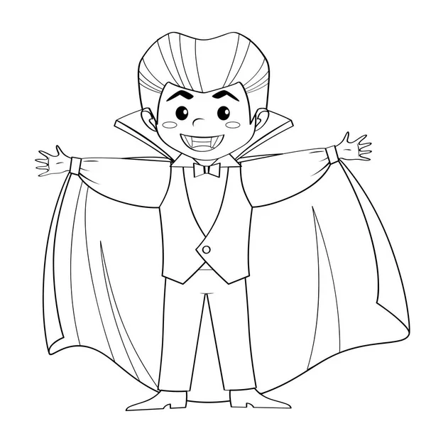 Comte Dracula. Un vampire. Garçon en costume d'Halloween. Illustration vectorielle noir et blanc pour livre à colorier — Image vectorielle