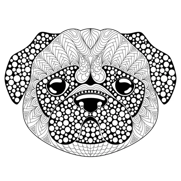 Pug dog head. Tattoo or adult antistress coloring page. Black and white hand drawn doodle for coloring book. Symbol of Chinese New Year 2018