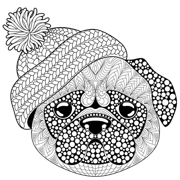 Perro Pug con sombrero de punto. Tatuaje o adulto página para colorear antiestrés. garabato dibujado a mano en blanco y negro para colorear libro. Símbolo del Año Nuevo Chino 2018 — Vector de stock