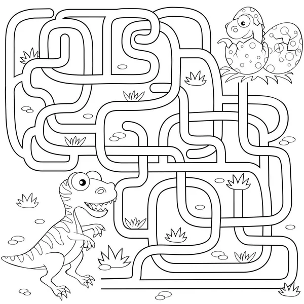 Helpen dinosaurus pad vinden naar het nest. Labyrint. Doolhof spel voor kinderen. Zwart-wit vectorillustratie voor het kleuren van boek — Stockvector