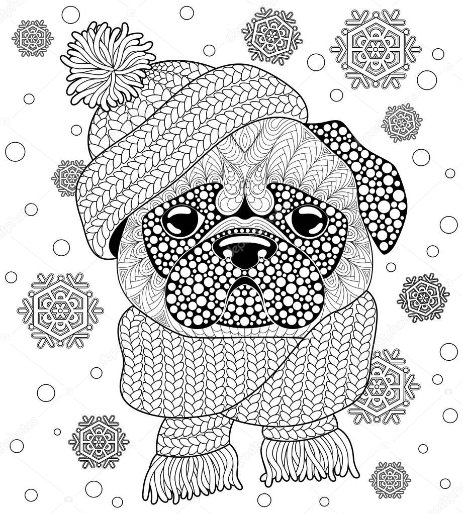 Pug dog with knitted hat and scarf. Tattoo or adult antistress coloring page. Black and white hand drawn doodle for coloring book