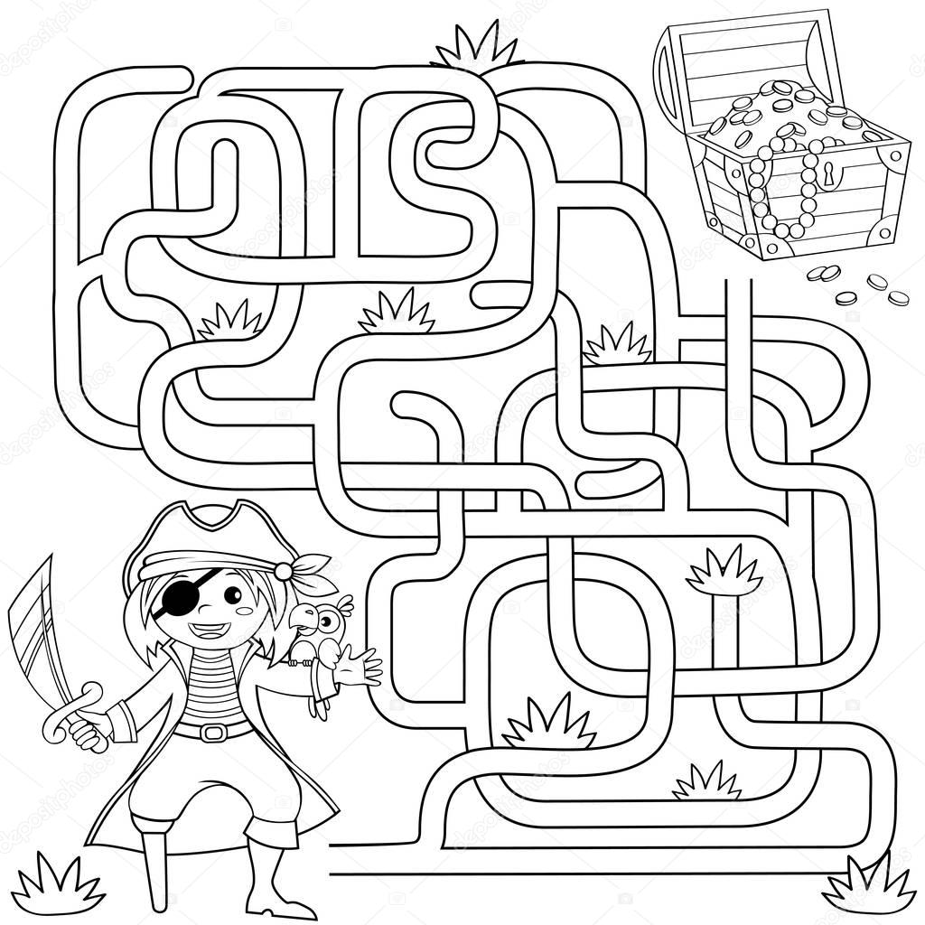 Help pirate find path to treasure chest . Labyrinth. Maze game for kids. Black and white vector illustration for coloring book