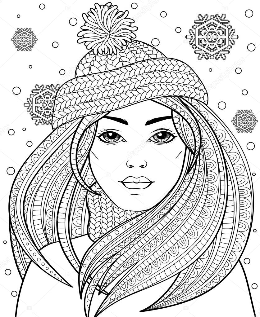 Young beautiful girl with long hair in knitted hat. Tattoo or adult antistress coloring page. Black and white hand drawn doodle for coloring book