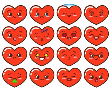 Emoji kırmızı kalpler. Beyaz arka plan üzerinde izole şirin ifadeler