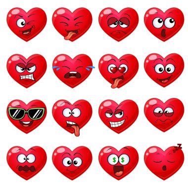 Emoji kırmızı kalpler. Beyaz arka plan üzerinde izole şirin ifadeler