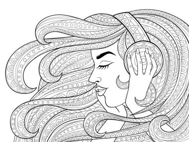 Kulaklık müzik dinlemek uzun dalgalı saçlı genç güzel kız. Dövme veya yetişkin antistress boyama sayfası. Siyah ve beyaz el boyama kitabı için çizilmiş doodle