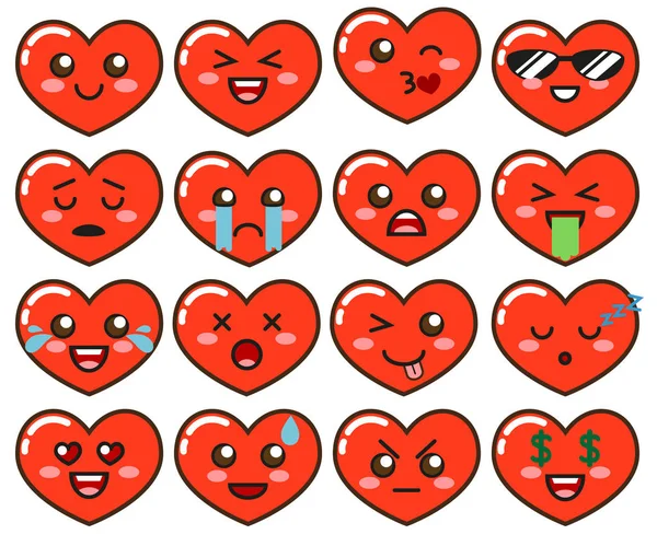 Cuori Rossi Emoji Carino Emoticon Isolato Sfondo Bianco — Vettoriale Stock